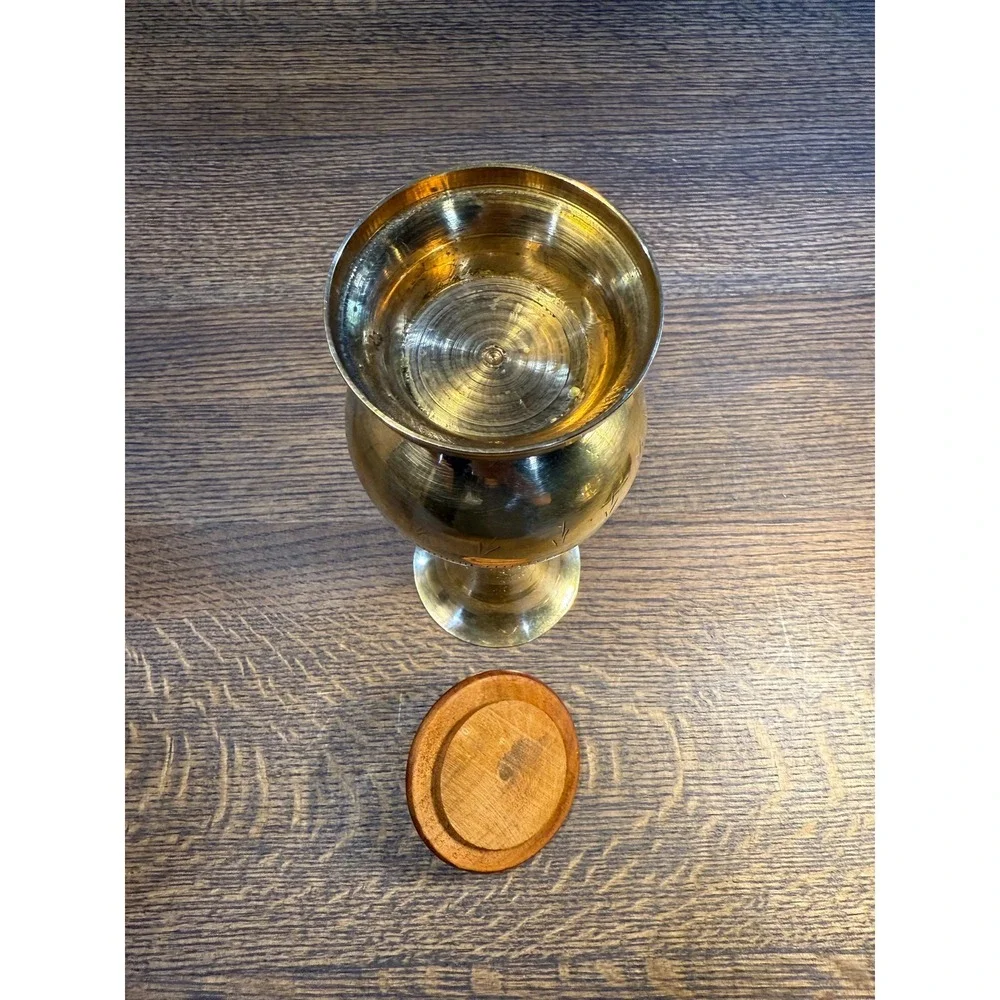 Etched‎ Brass Vase with Hand-Carved Wood Lid - Mid-Century Decor